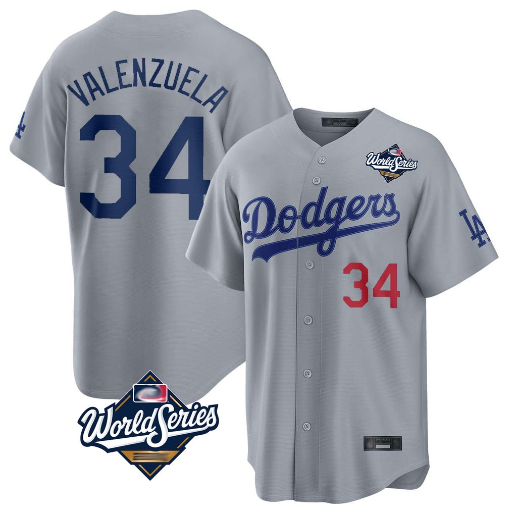 Los Angeles Dodgers #34 Fernando Valenzuela Player Gray FEDASGOGE World Series Game Home Stitched Jerseys