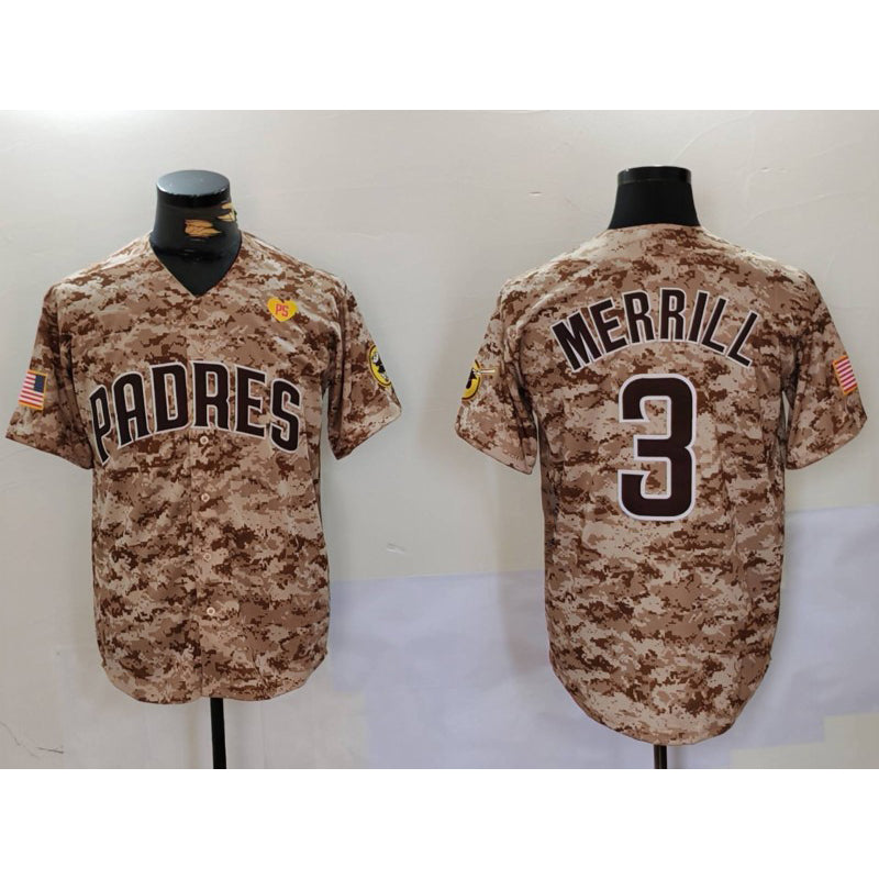 San Diego Padres #3 Jackson Merrill Camo FEDASGOGE With PS Patch Cool Base Stitched Jersey