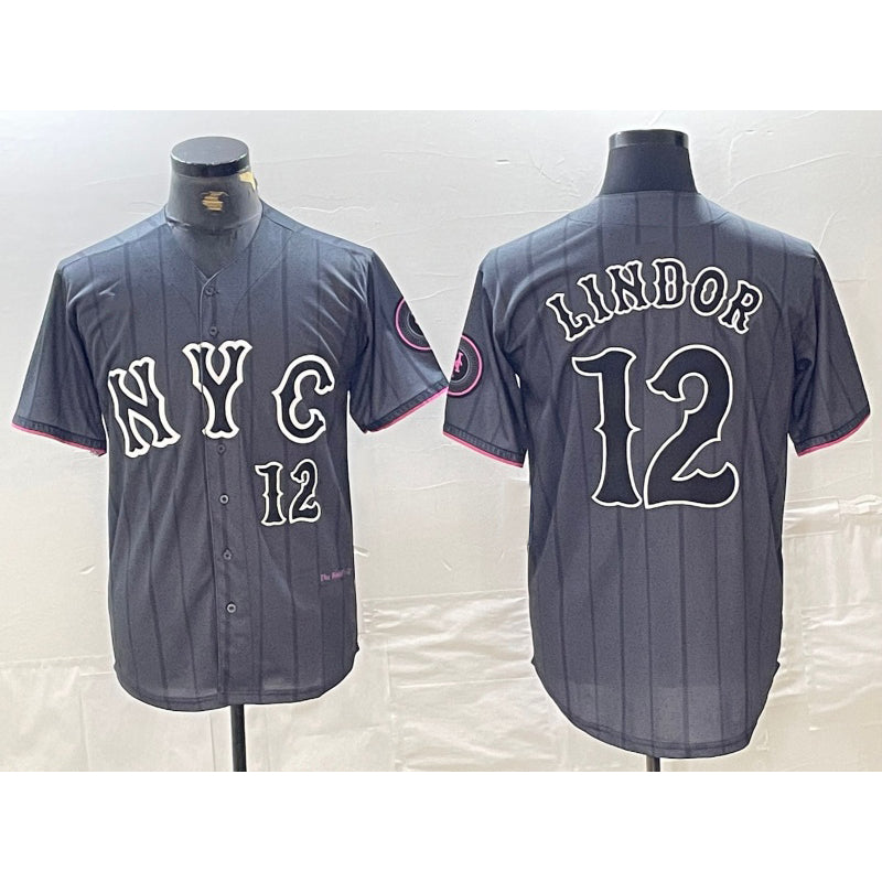 New York Mets #12 Francisco Lindor Number Grey FEDASGOGE 2024 City Connect Cool Base Stitched Jersey 2