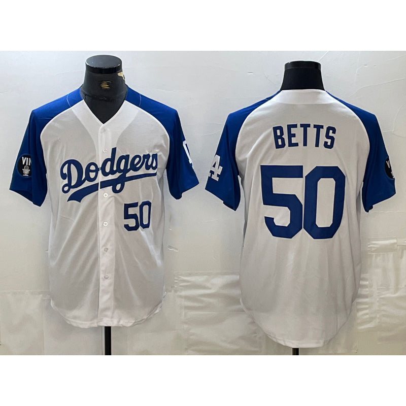 Los Angeles Dodgers #50 Mookie Betts Number White Blue FEDASGOGE Fashion Stitched Cool Base Limited Jersey 2