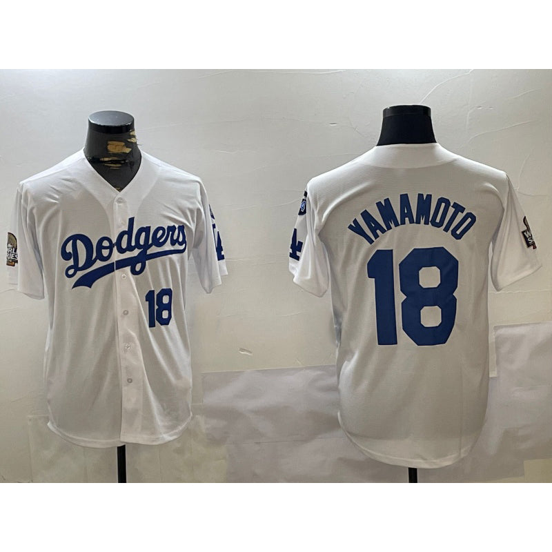Los Angeles Dodgers #18 Yoshinobu Yamamoto White FEDASGOGE 2024 World Series With Fernando Memorial Patch Home Limited Stitched Jersey 2