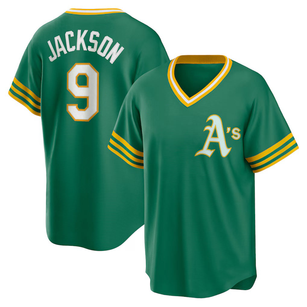 Oakland Athletics #9 Reggie Jackson Kelly Green FEDASGOGE Road Cooperstown Collection Player Jersey