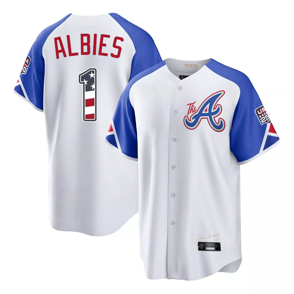 Atlanta Braves #1 Ozzie Albies Player White FEDASGOGE USA 250 Fourth Of July City Connect Home Game Stitched Jerseys