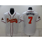 Atlanta Braves#7 Dansby Swanson 2022 White FEDASGOGE Gold World Series Champions Program Cool Base Stitched Jersey