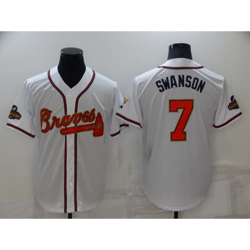 Atlanta Braves#7 Dansby Swanson 2022 White FEDASGOGE Gold World Series Champions Program Cool Base Stitched Jersey