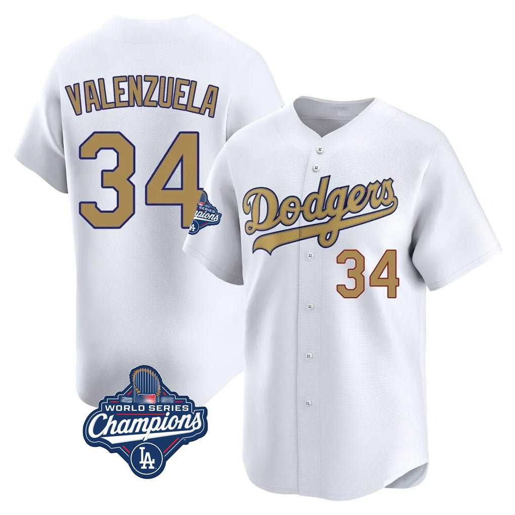 Los Angeles Dodgers #34 Fernando Valenzuela Player White Gold FEDASGOGE World Series Meet Collection Limited Home Stitched Jerseys