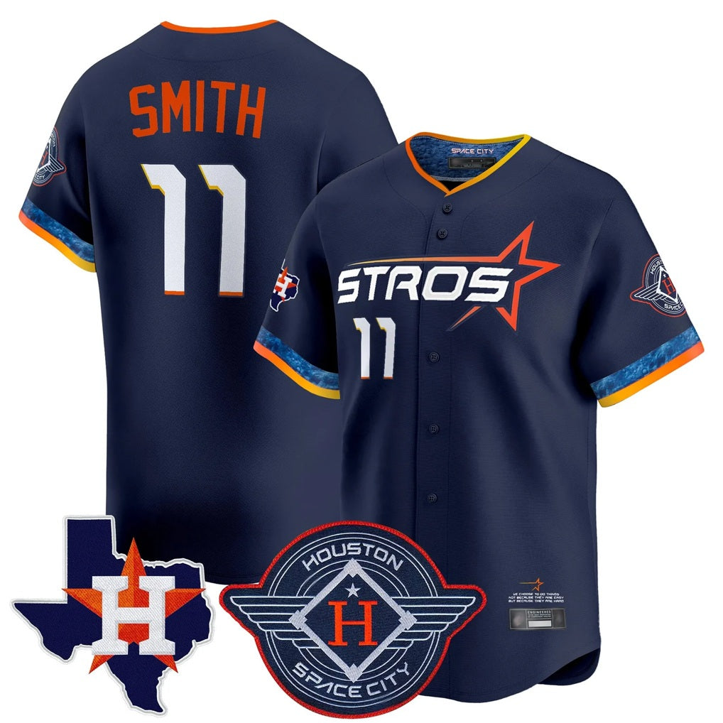Houston Astros #11 Cam Smith Player Navy FEDASGOGE City Connect Texas Patch Vapor Premier Limited Home Stitched Jerseys