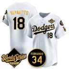 Los Angeles Dodgers #18 Yoshinobu Yamamoto White Gold FEDASGOGE 2025 World Series With No.34 Patch Limited Stitched Jersey