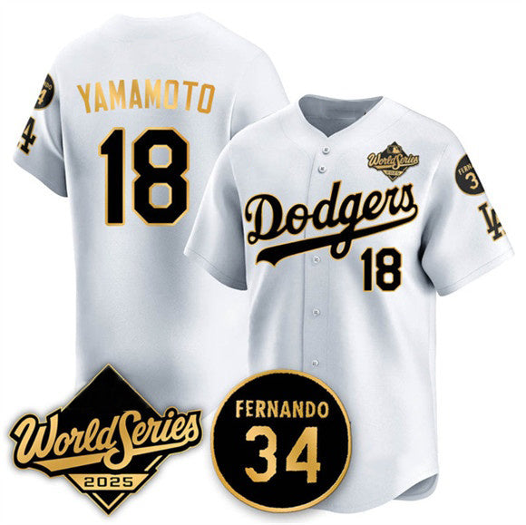Los Angeles Dodgers #18 Yoshinobu Yamamoto White Gold FEDASGOGE 2025 World Series With No.34 Patch Limited Stitched Jersey