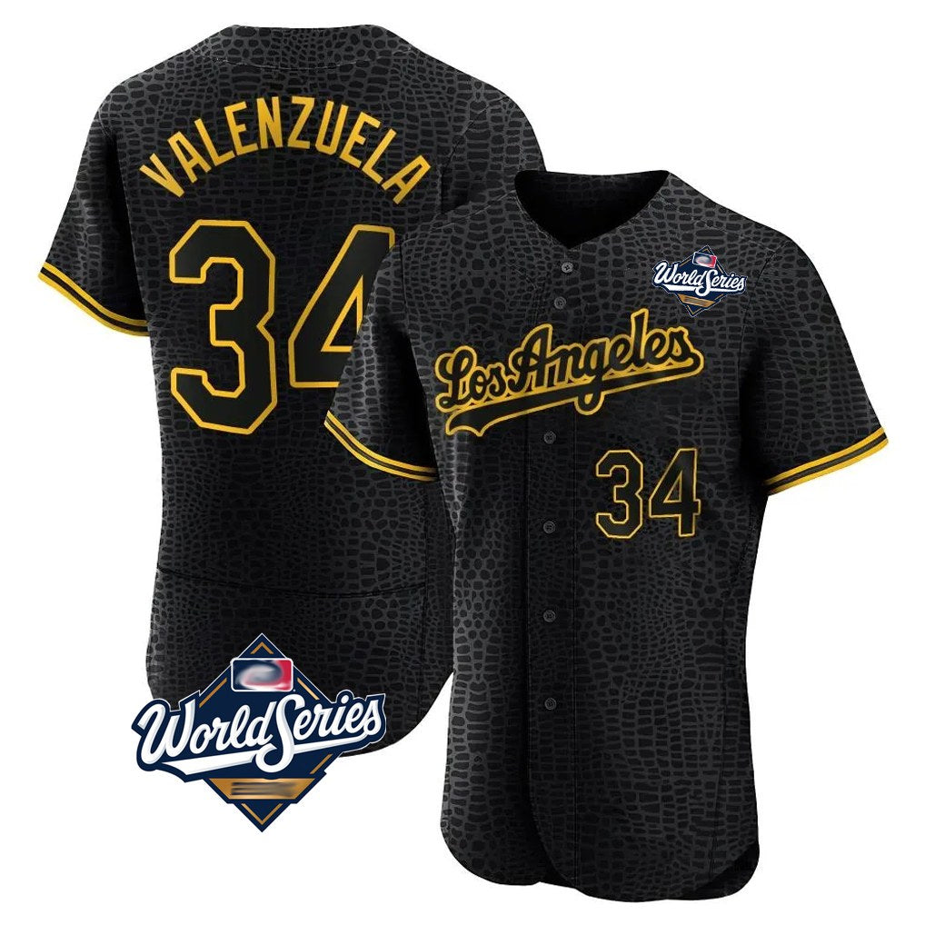 Los Angeles Dodgers #34 Fernando Valenzuela Player Black FEDASGOGE World Series Snake Skin City Limited Elite Home Stitched Jerseys