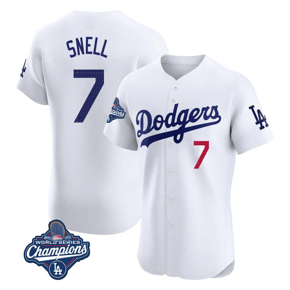 Los Angeles Dodgers #7 Blake Snell Player White FEDASGOGE Limited Elite World Series Meet Home Stitched Jerseys