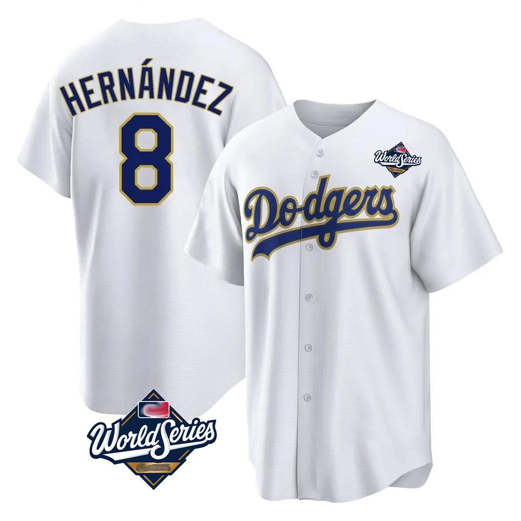 Los Angeles Dodgers #8 Enrique Hern¨¢ndez Player Gold White FEDASGOGE World Series 2026 Collection Stadium Game Stitched Jerseys