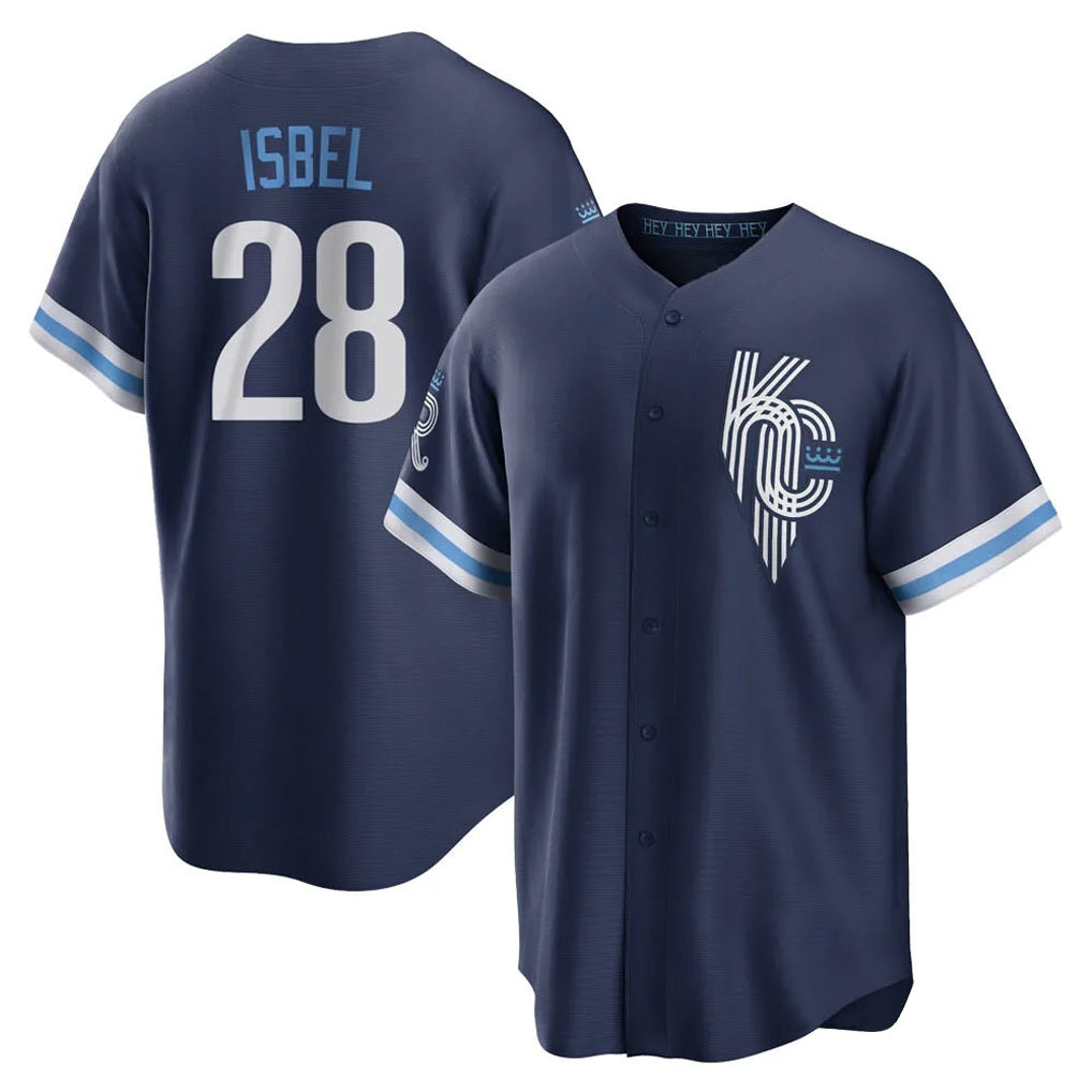 Kansas City Royals #28 Kyle Isbel Player Navy FEDASGOGE City Connect Home Game Stitched Jerseys