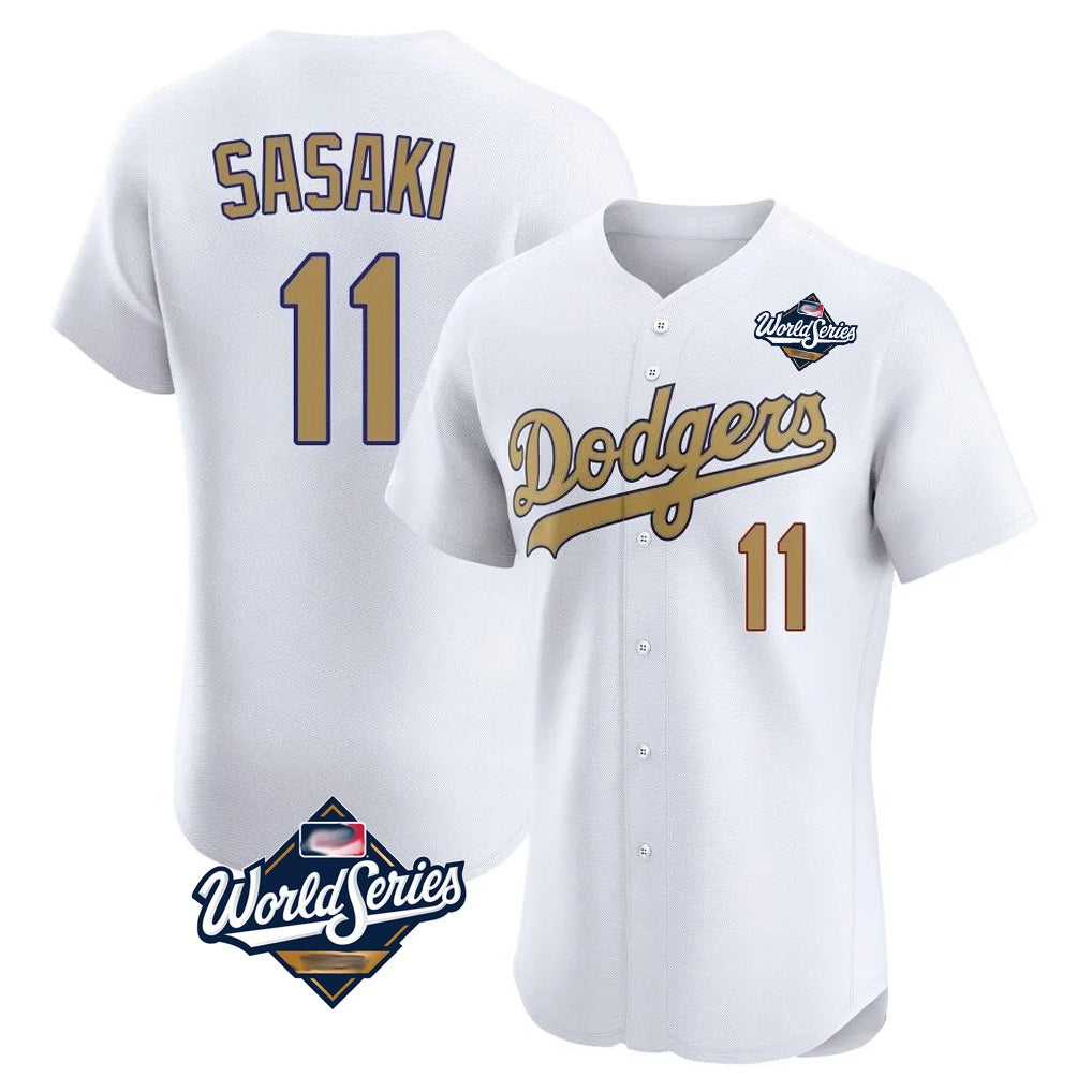 Los Angeles Dodgers #11 Roki Sasaki Player White Gold FEDASGOGE World Series Limited Elite Home Stitched Jerseys