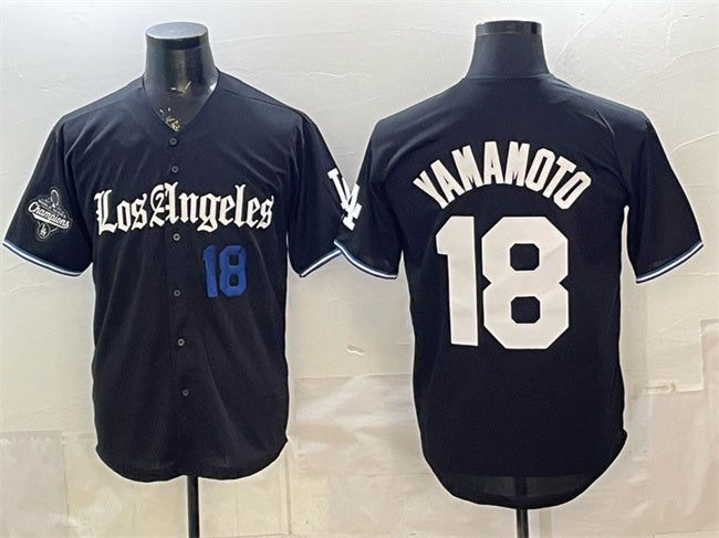Los Angeles Dodgers #18 Yoshinobu Yamamoto Black FEDASGOGE 2025 World Series Champions Patch 'Gothic Edition' Vapor Premier Limited Stitched Jersey