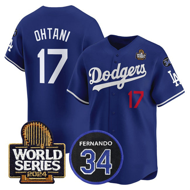 Los Angeles Dodgers #17 Shohei Ohtani Royal FEDASGOGE 2024 World Series With Fernando Memorial Patch Limited Stitched Jersey 2