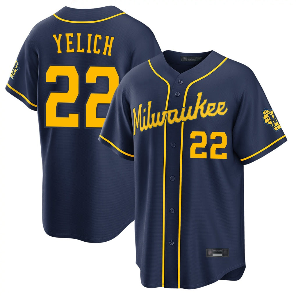 Milwaukee Brewers #22 Christian Yelich Player Navy FEDASGOGE Home Stadium Game Stitched Jerseys