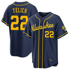 Milwaukee Brewers #22 Christian Yelich Player Navy FEDASGOGE Home Stadium Game Stitched Jerseys