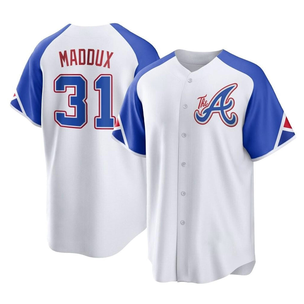 Atlanta Braves #31 Greg Maddux Player White FEDASGOGE City Connect Home Game Stitched Jerseys