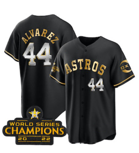 Houston Astros #44 Yordan Alvarez Black Gold FEDASGOGE 2022 World Serise Champions Patch Stitched Jersey