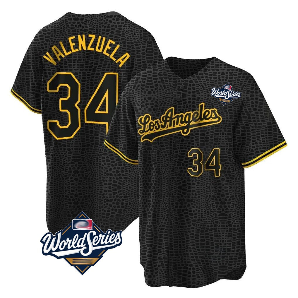 Los Angeles Dodgers #34 Fernando Valenzuela Player Black FEDASGOGE World Series Snake Skin City Game Home Stitched Jerseys
