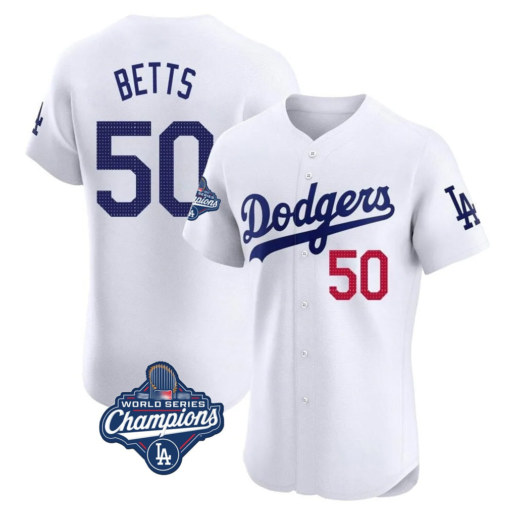 Los Angeles Dodgers #50 Mookie Betts Player White FEDASGOGE World Series Meet Limited Elite Home Stitched Jerseys