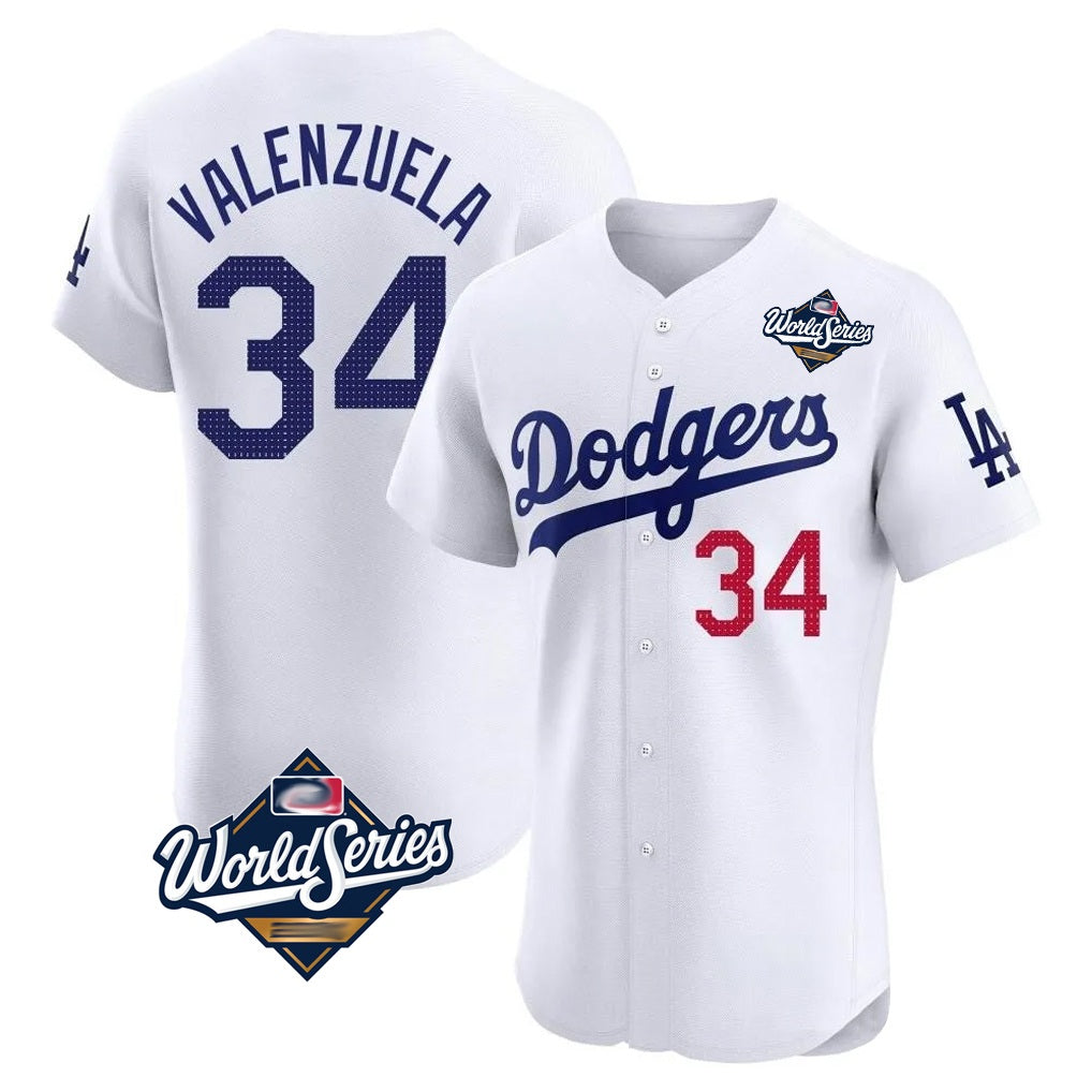 Los Angeles Dodgers #34 Fernando Valenzuela Player White FEDASGOGE World Series Limited Elite Home Stitched Jerseys