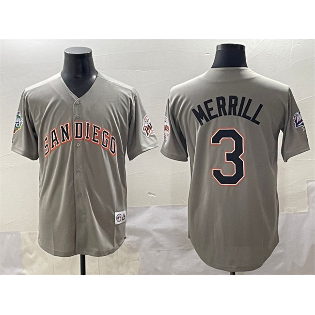 San Diego Padres #3 Jackson Merrill Gray FEDASGOGE Fashion Throwback With Patch Cool Base Stitched Jersey