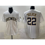 Milwaukee Brewers #22 Christian Yelich White FEDASGOGE Pinstripe 2025 With Patch Stitched Jersey