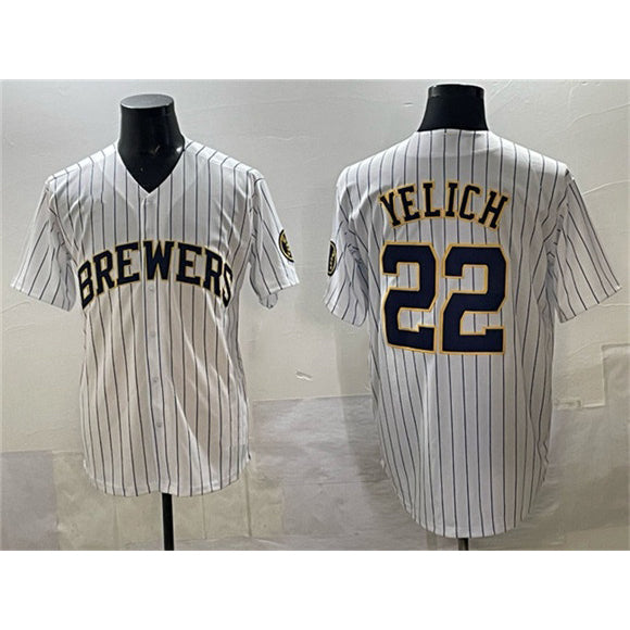 Milwaukee Brewers #22 Christian Yelich White FEDASGOGE Pinstripe 2025 With Patch Stitched Jersey
