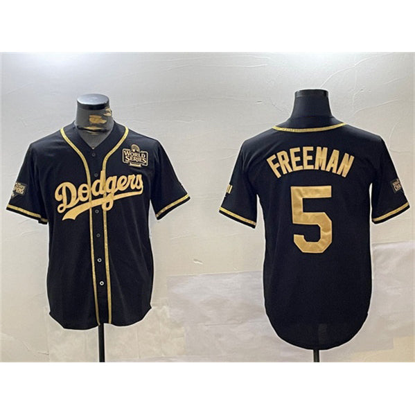 Los Angeles Dodgers #5 Freddie Freeman Black Gold FEDASGOGE 2024 World Series Patch And Champions Patch Cool Base Stitched Jersey