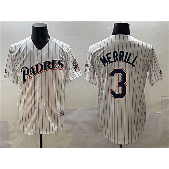 San Diego Padres #3 Jackson Merrill White FEDASGOGE Throwback With Patch Cool Base Stitched Jersey