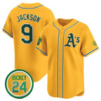 Oakland Athletics #9 Reggie Jackson Yellow FEDASGOGE 2024 Limited With Rickey Henderson Patch Stitched Jersey