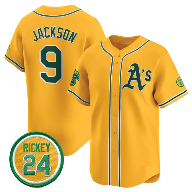 Oakland Athletics #9 Reggie Jackson Yellow FEDASGOGE 2024 Limited With Rickey Henderson Patch Stitched Jersey