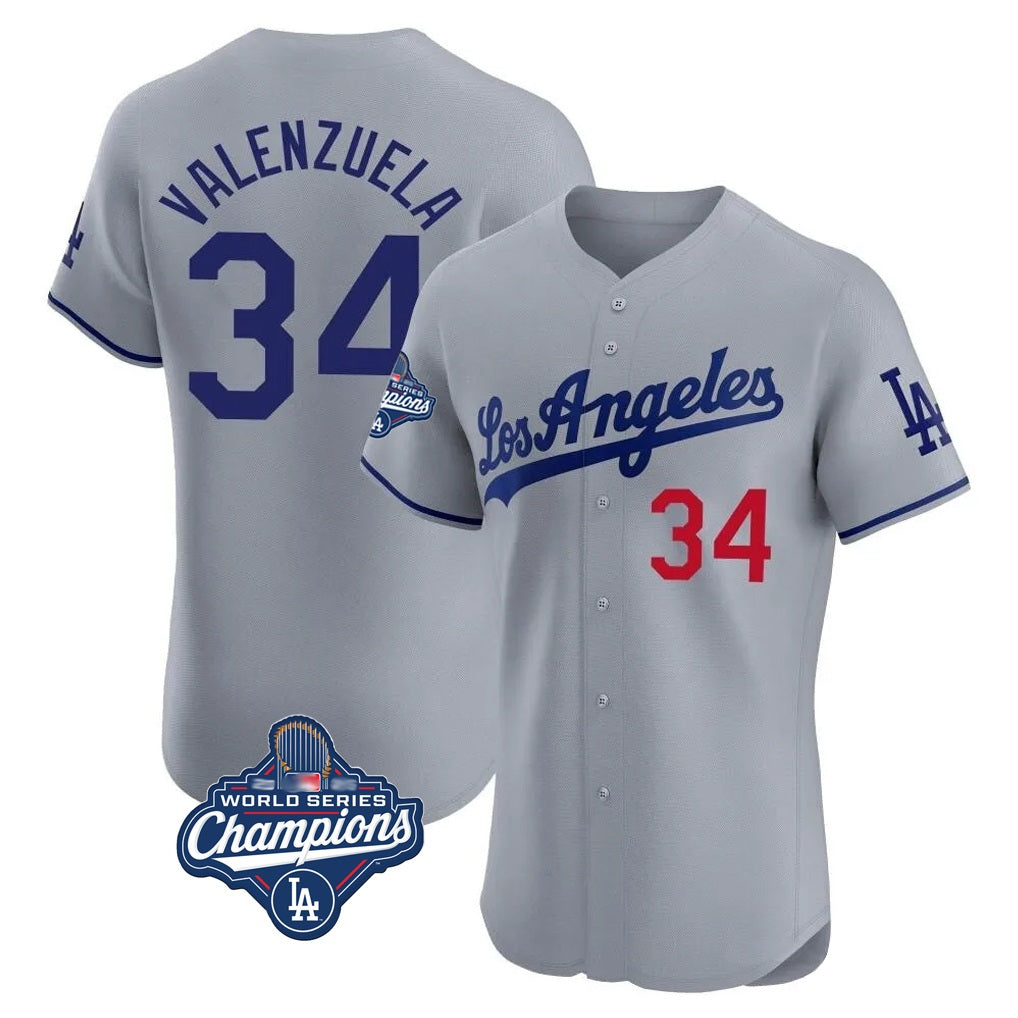 Los Angeles Dodgers #34 Fernando Valenzuela Player Gray FEDASGOGE World Series Meet Limited Elite Home Stitched Jerseys
