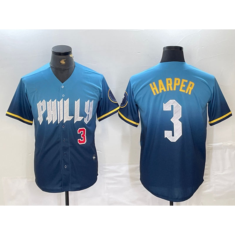Philadelphia Phillies #3 Bryce Harper Number Blue FEDASGOGE 2024 City Connect Limited Stitched Jersey 2