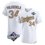 Los Angeles Dodgers #34 Fernando Valenzuela Player White Gold FEDASGOGE World Series Limited Elite Home Stitched Jerseys
