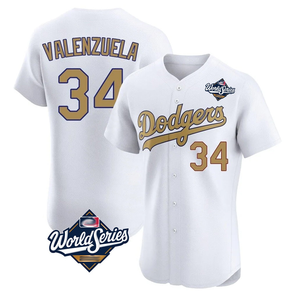 Los Angeles Dodgers #34 Fernando Valenzuela Player White Gold FEDASGOGE World Series Limited Elite Home Stitched Jerseys