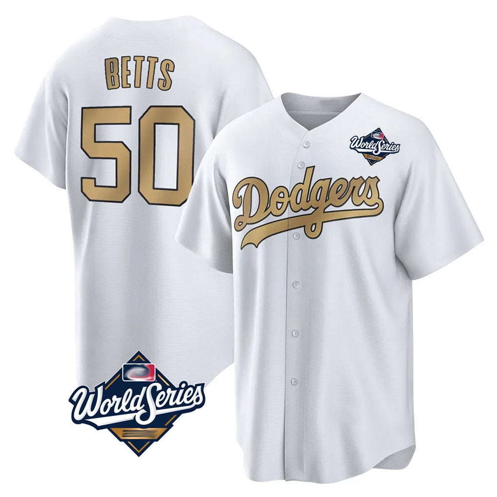Los Angeles Dodgers #50 Mookie Betts Player White Gold FEDASGOGE World Series Collection Limited Home Stitched Jerseys