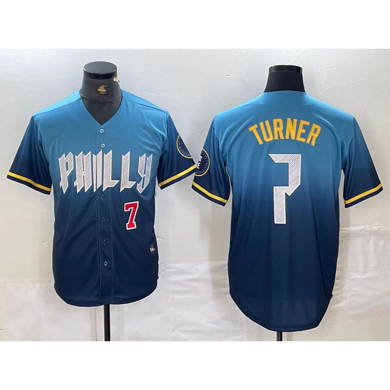 Philadelphia Phillies #7 Trea Turner Number Blue FEDASGOGE 2024 City Connect Limited Stitched Jerseys