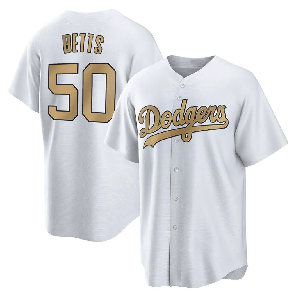 Los Angeles Dodgers #50 Mookie Betts Player White Gold FEDASGOGE Collection Limited Home Stitched Jerseys