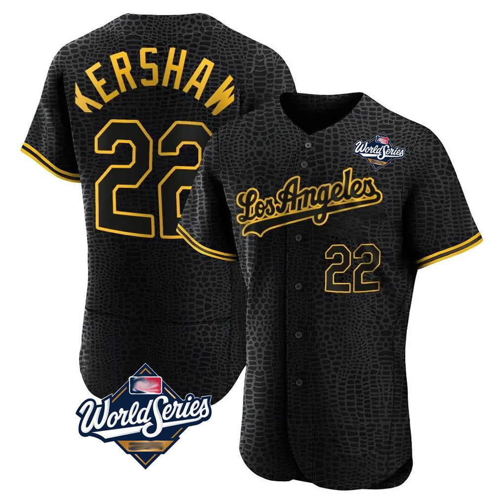 Los Angeles Dodgers #22 Clayton Kershaw Player Black FEDASGOGE World Series Snake Skin City Limited Elite Home Stitched Jerseys