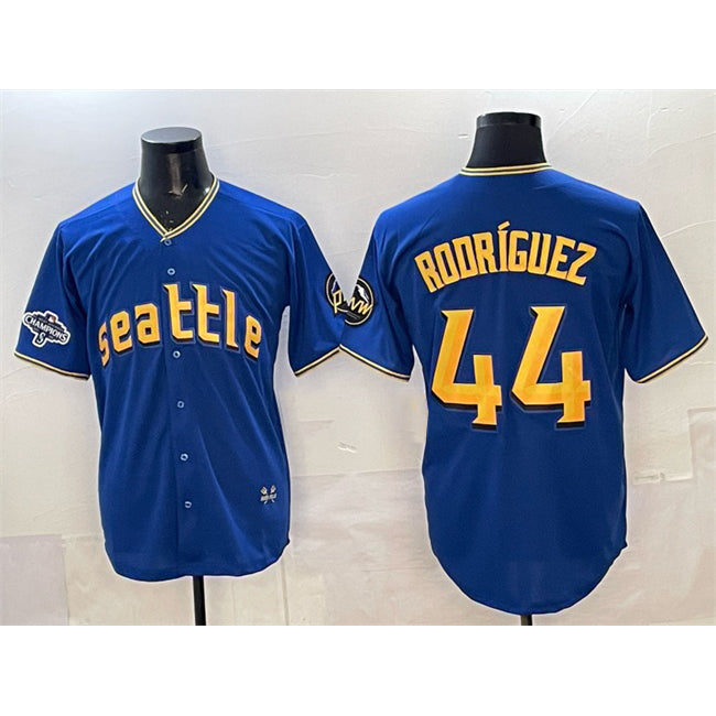 Seattle Mariners #44 Julio Rodr¨ªguez Royal FEDASGOGE With 2025 AL West Division Champions Patch City Connect Limited Stitched Jersey