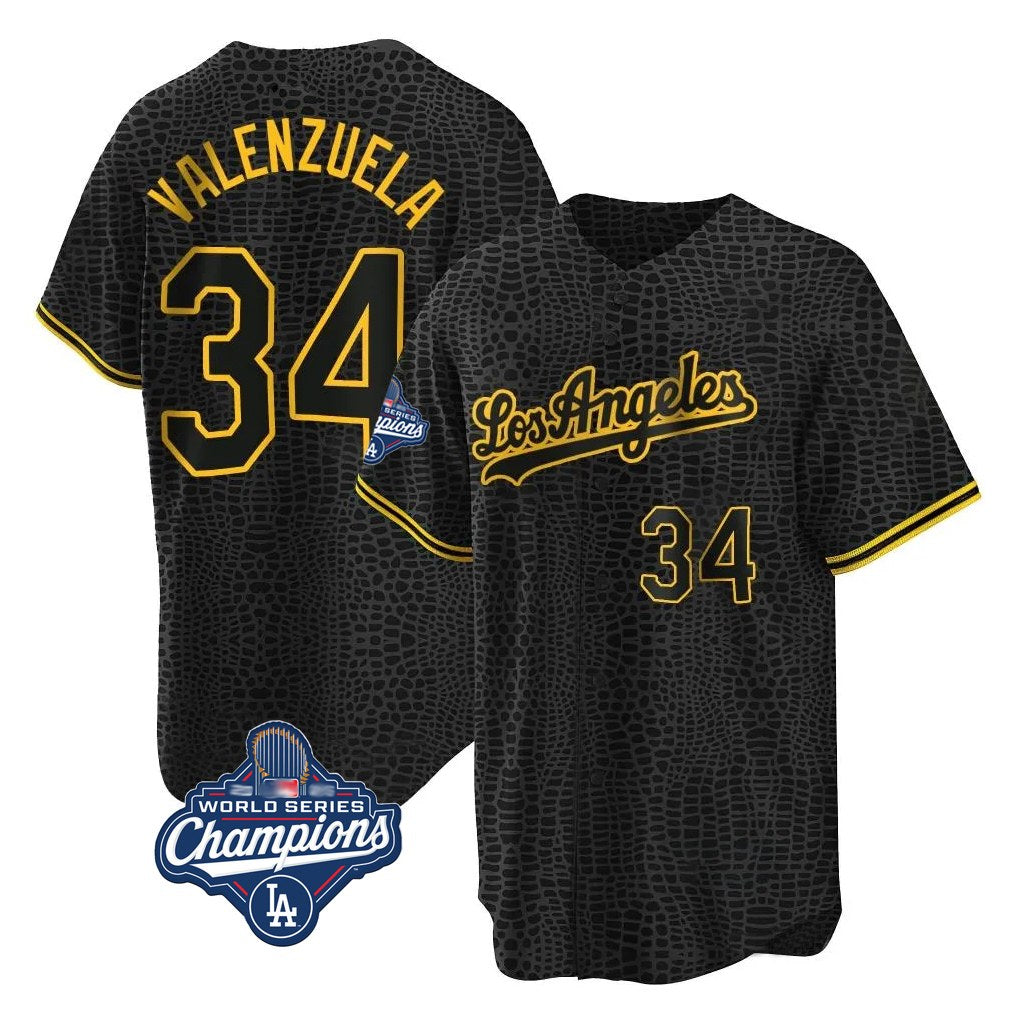 Los Angeles Dodgers #34 Fernando Valenzuela Player Black FEDASGOGE World Series Meet Snake Skin City Game Home Stitched Jerseys