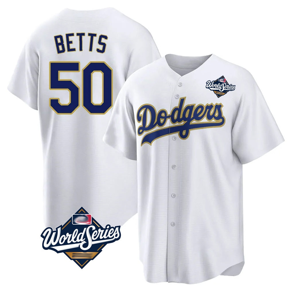 Los Angeles Dodgers #50 Mookie Betts Player Gold White FEDASGOGE World Series 2026 Collection Stadium Game Stitched Jerseys