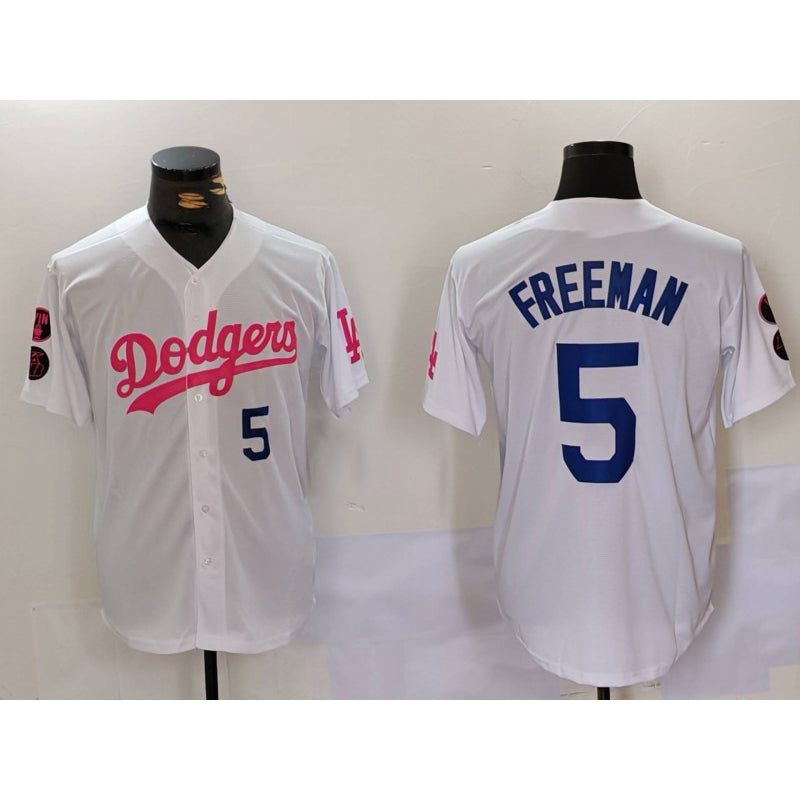 Los Angeles Dodgers #5 Freddie Freeman White Pink FEDASGOGE Vin & Kobe Patch Stitched Jersey1