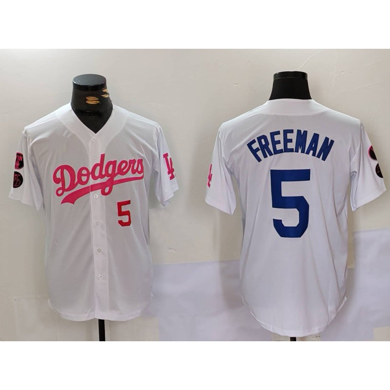 Los Angeles Dodgers #5 Freddie Freeman White Pink FEDASGOGE Vin & Kobe Patch Stitched Jerseys
