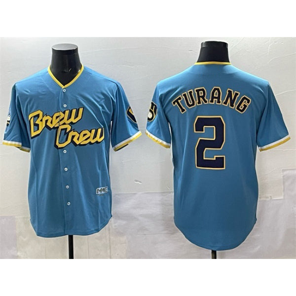 Milwaukee Brewers #2 Brice Turang Powder Blue FEDASGOGE City Connect Cool Base Stitched Jersey