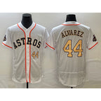 Houston Astros #44 Yordan Alvarez Number 2023 White Gold FEDASGOGE World Serise Champions Patch Flex Base Stitched Jersey 2