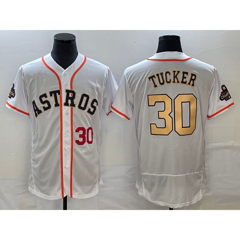 Houston Astros #30 Kyle Tucker Number 2023 White Gold FEDASGOGE World Serise Champions Patch Flex Base Stitched Jersey